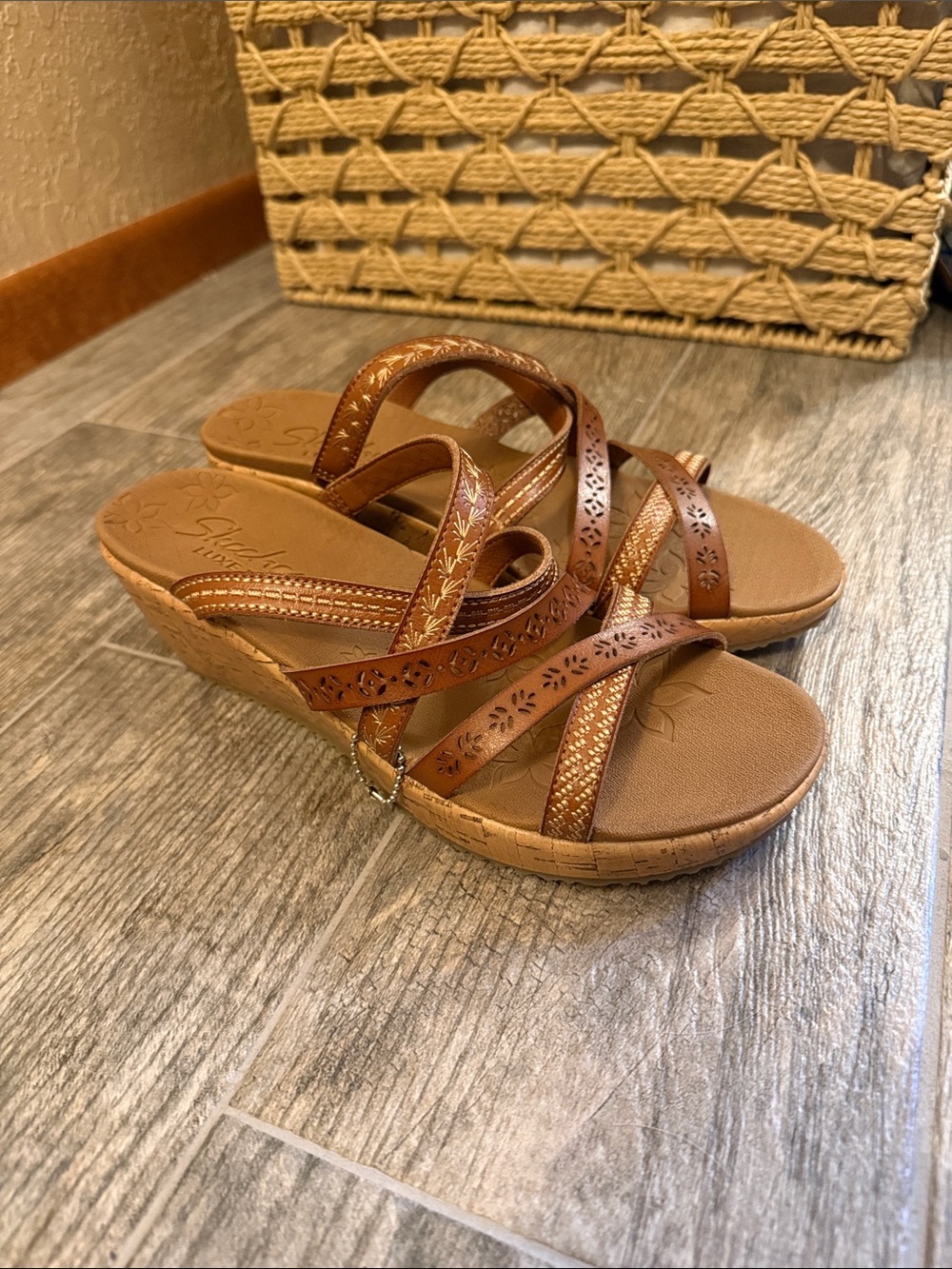 Skechers Tan Brown Strappy Wedge Sandals